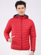Men Red Solid Hooded Full Sleeve Jacket
