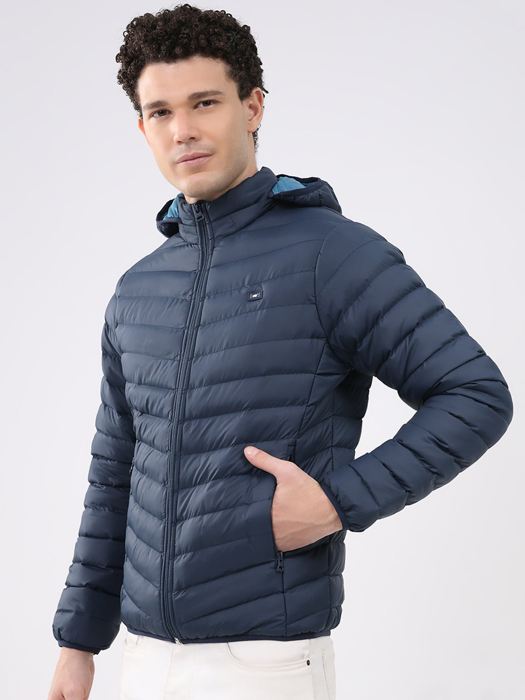 Men Navy Blue Solid Hooded Full Sleeve Jacket