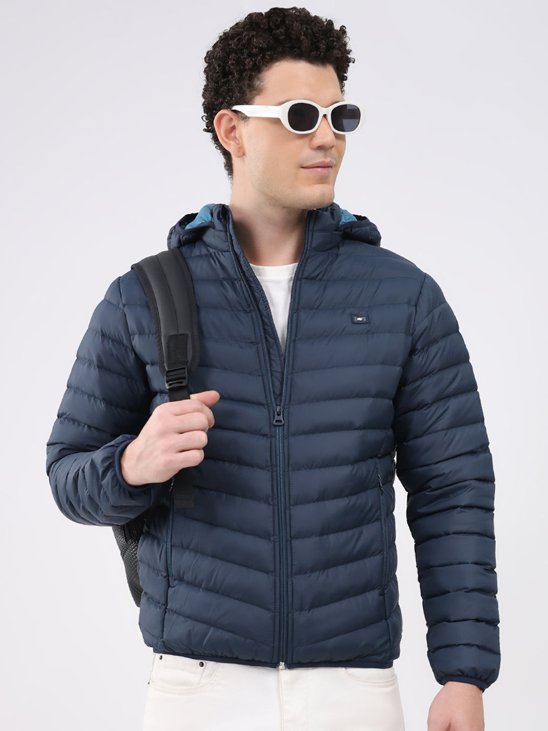 Men Navy Blue Solid Hooded Full Sleeve Jacket