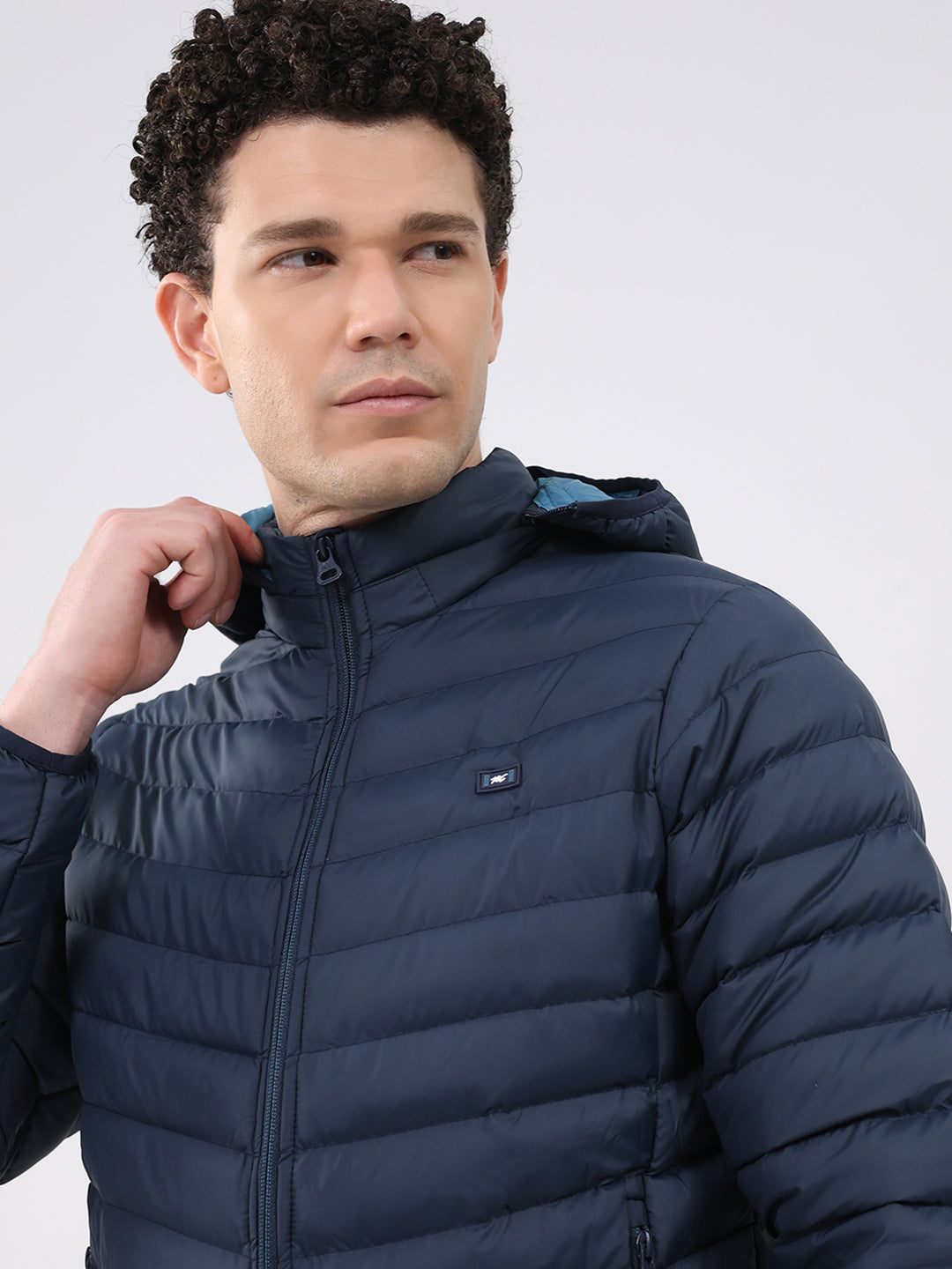 Men Navy Blue Solid Hooded Full Sleeve Jacket