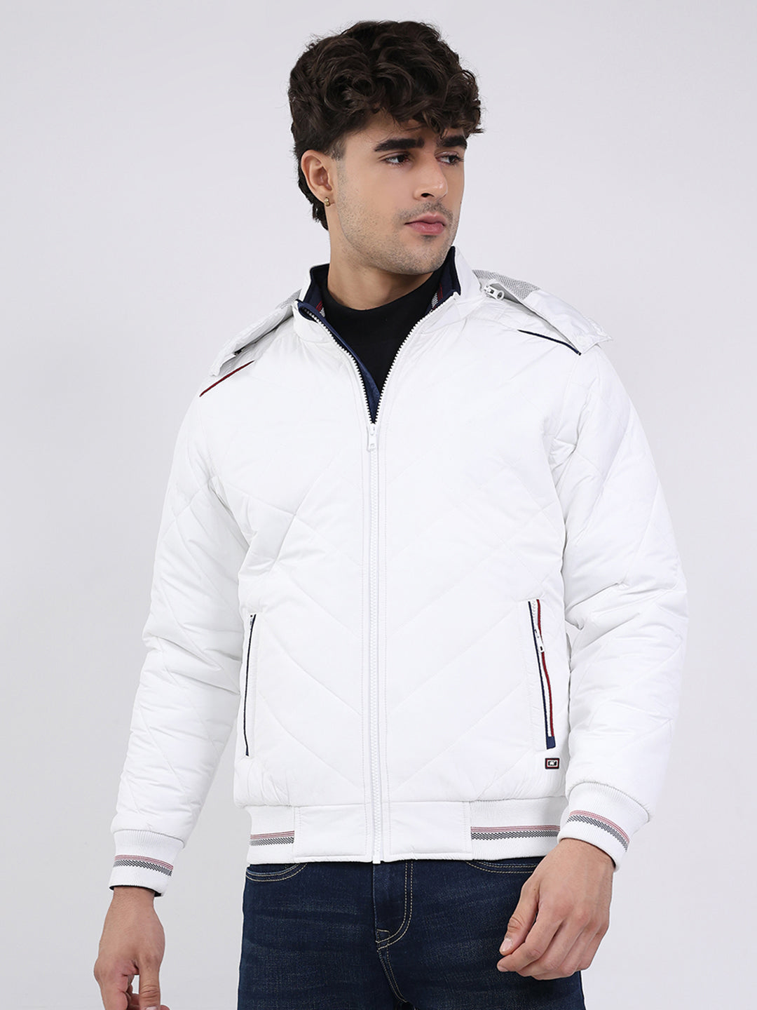 Men White Solid Hooded Full Sleeve Jacket