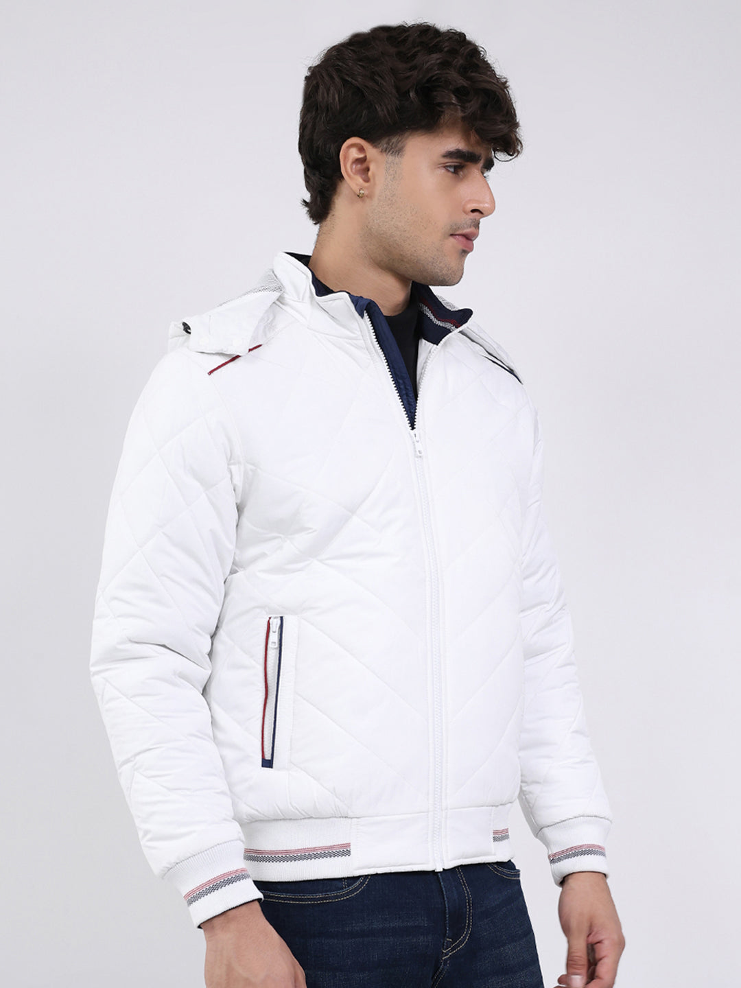 Men White Solid Hooded Full Sleeve Jacket