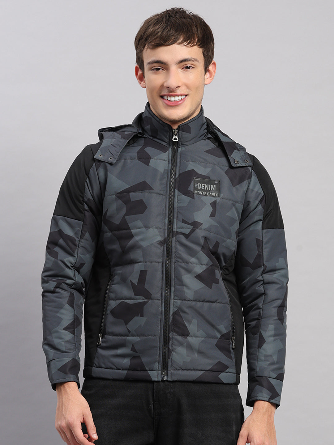 Men Black Printed Hooded Full Sleeve Jacket