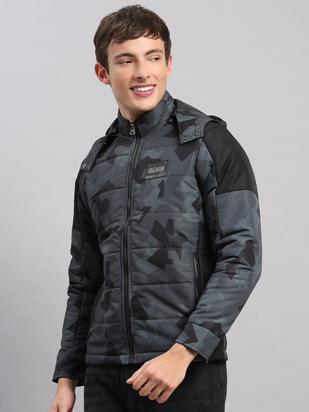 Men Black Printed Hooded Full Sleeve Jacket
