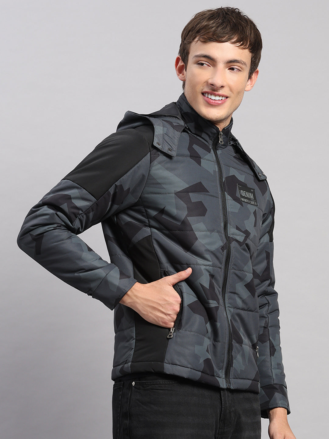 Men Black Printed Hooded Full Sleeve Jacket