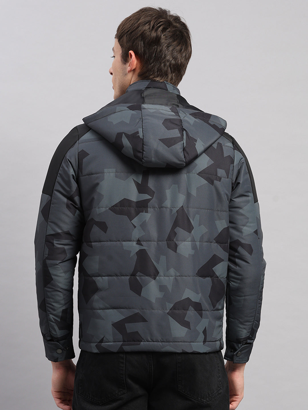 Men Black Printed Hooded Full Sleeve Jacket