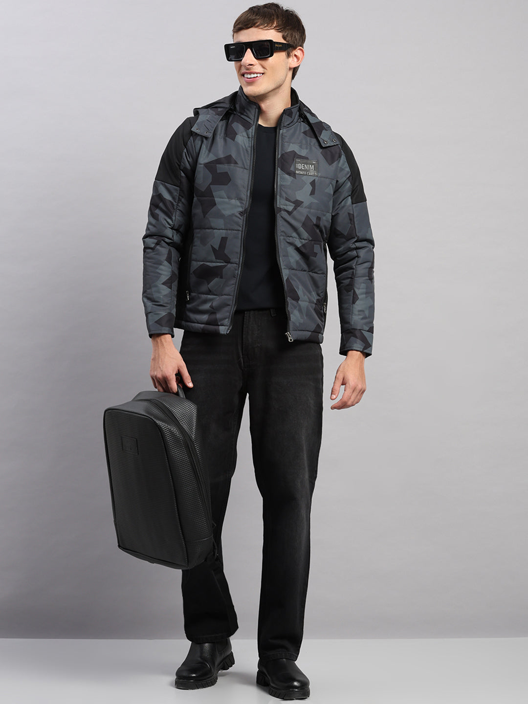 Men Black Printed Hooded Full Sleeve Jacket