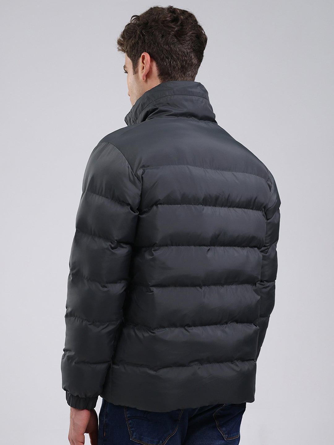 Men Grey Solid Hooded Full Sleeve Jacket