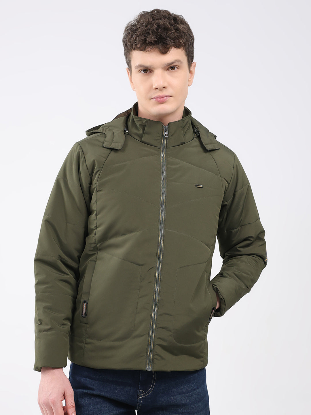 Men Olive Solid Hooded Full Sleeve Jacket