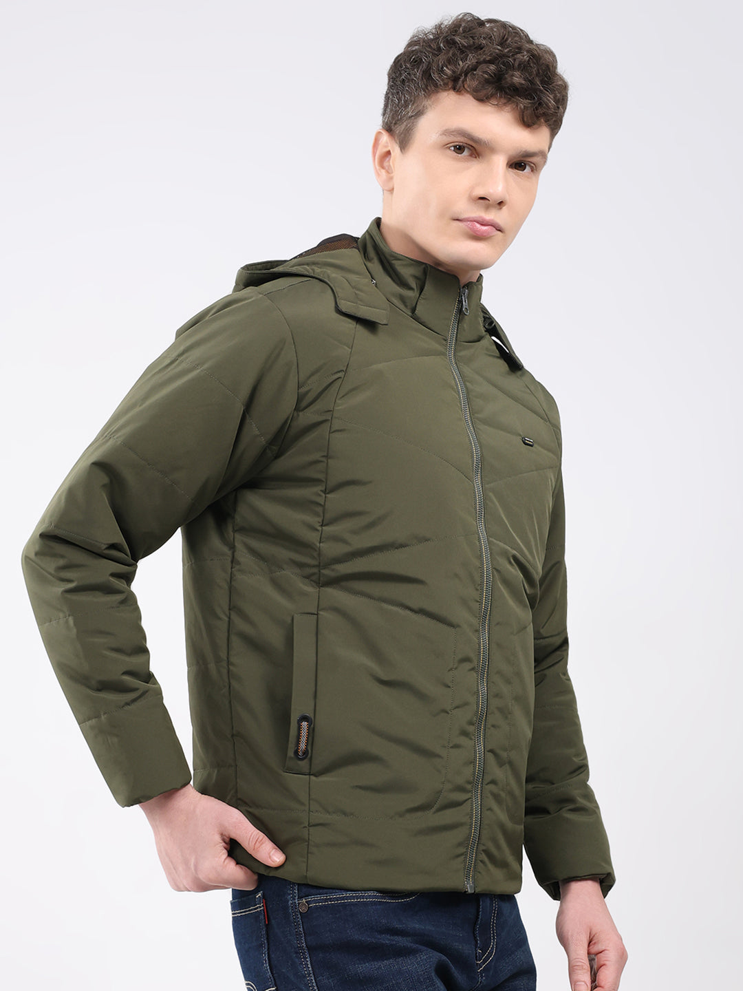 Men Olive Solid Hooded Full Sleeve Jacket