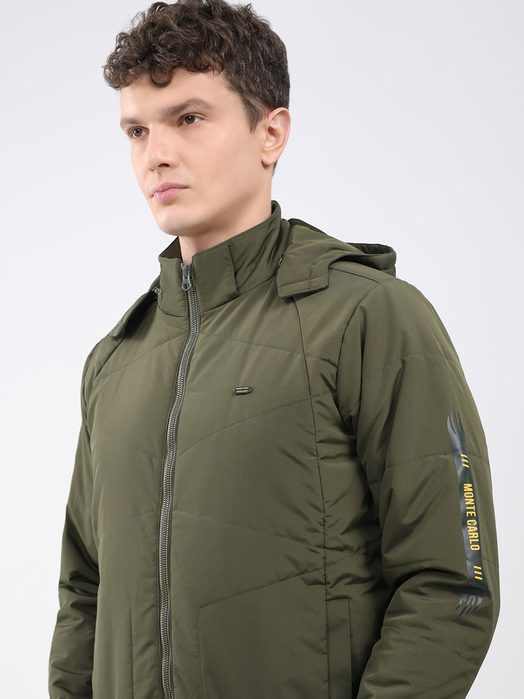 Men Olive Solid Hooded Full Sleeve Jacket
