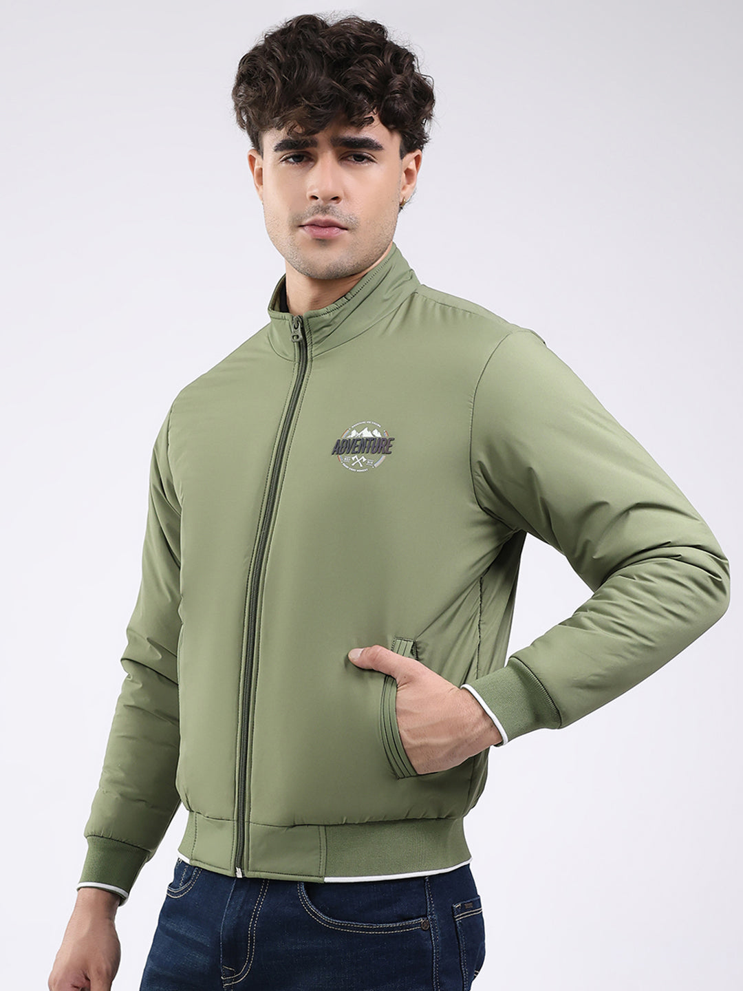 Men Olive Solid Mock Neck Full Sleeve Jacket