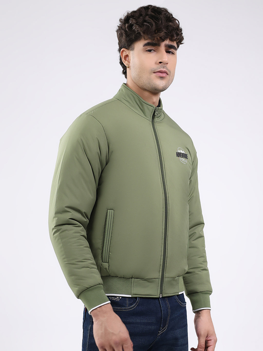 Men Olive Solid Mock Neck Full Sleeve Jacket