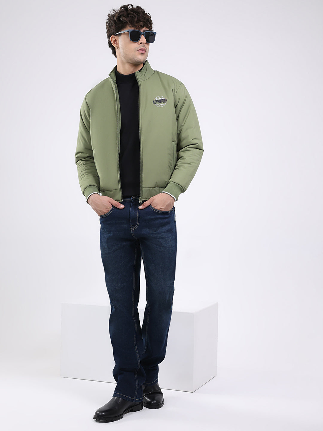 Men Olive Solid Mock Neck Full Sleeve Jacket
