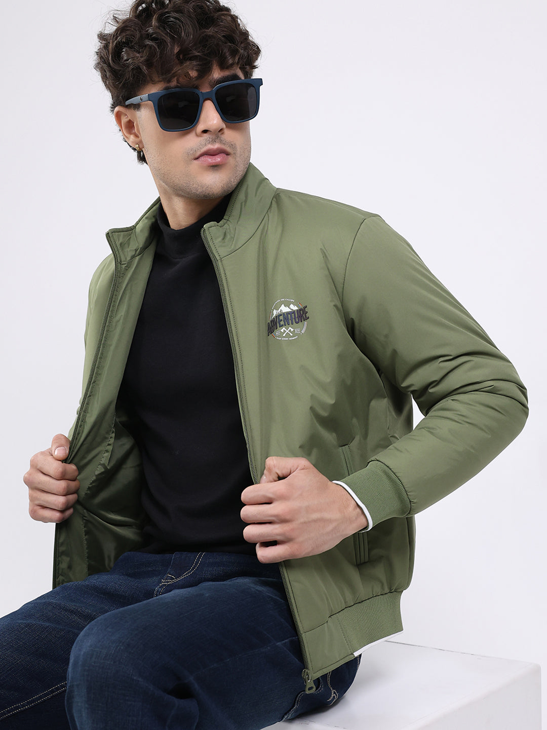 Men Olive Solid Mock Neck Full Sleeve Jacket