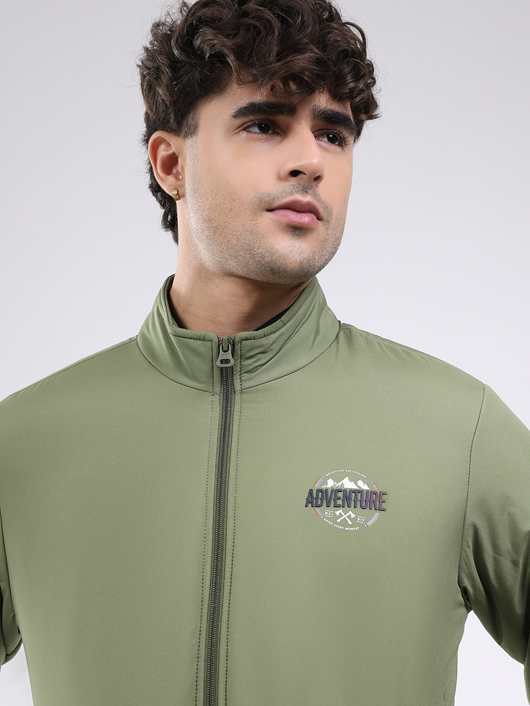 Men Olive Solid Mock Neck Full Sleeve Jacket