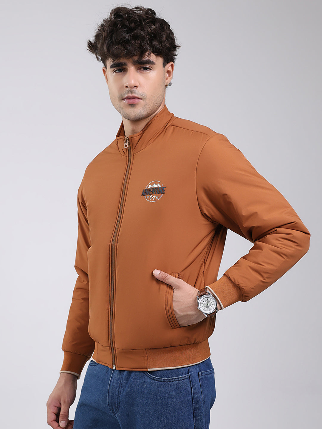 Men Tan Solid Mock Neck Full Sleeve Jacket
