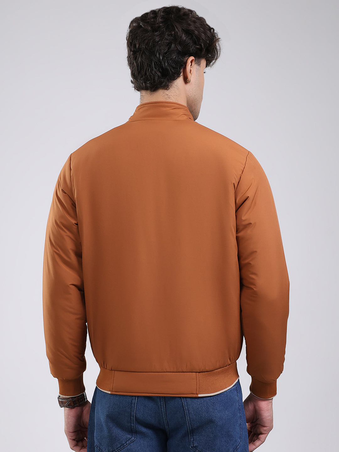 Men Tan Solid Mock Neck Full Sleeve Jacket