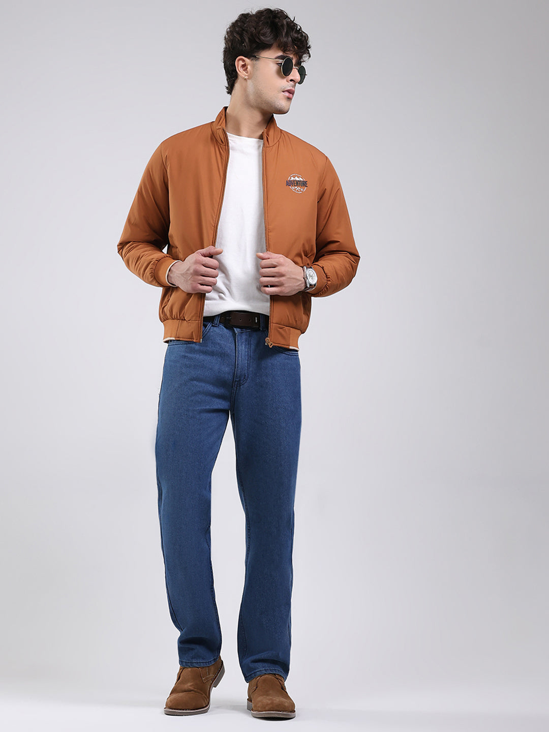 Men Tan Solid Mock Neck Full Sleeve Jacket