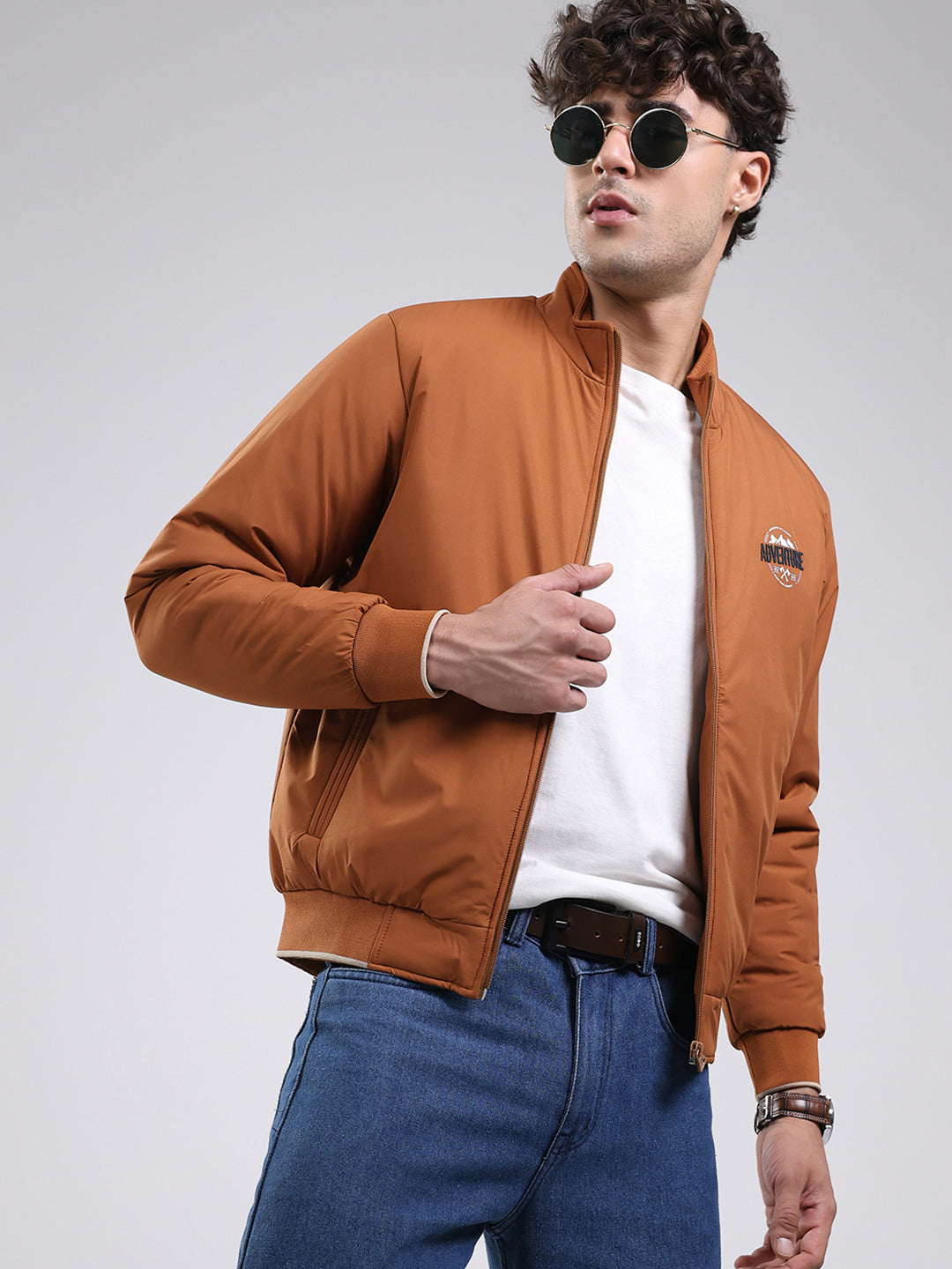 Men Tan Solid Mock Neck Full Sleeve Jacket