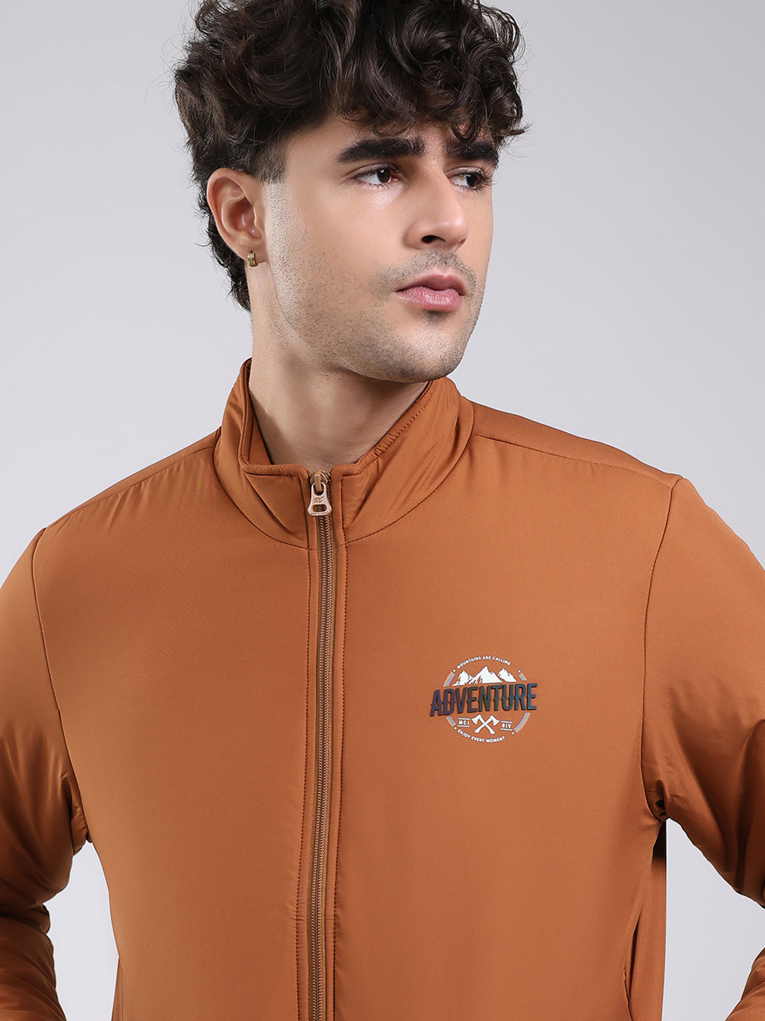 Men Tan Solid Mock Neck Full Sleeve Jacket