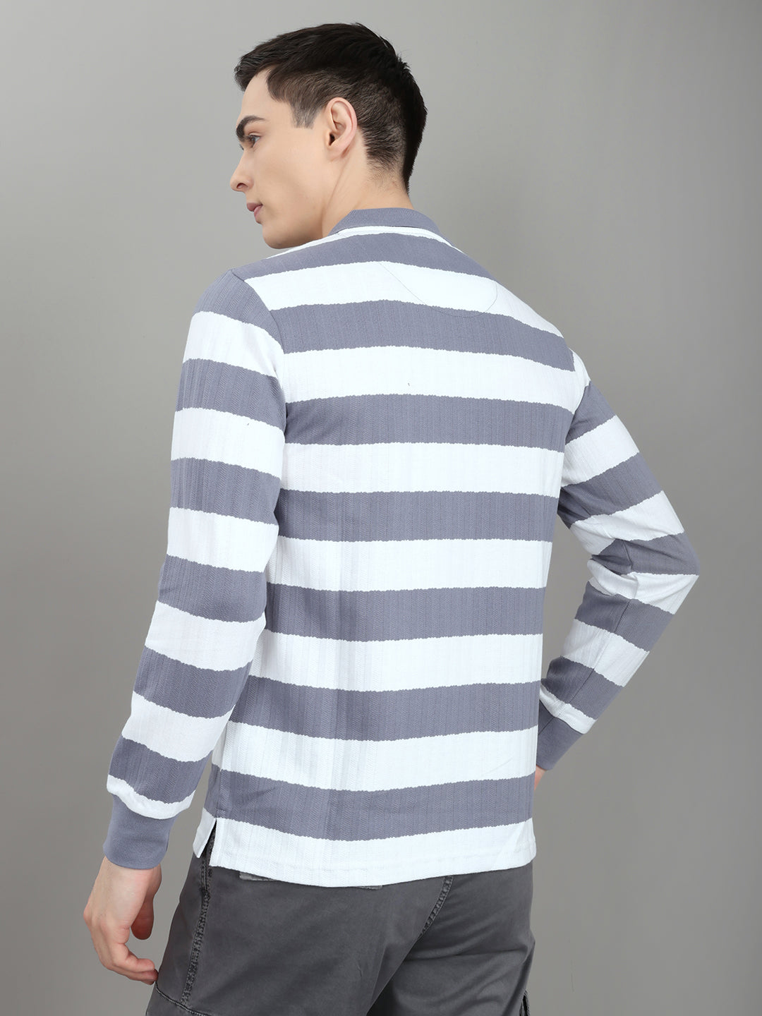 Men Grey Stripe Collar Full Sleeve Winter T-Shirt