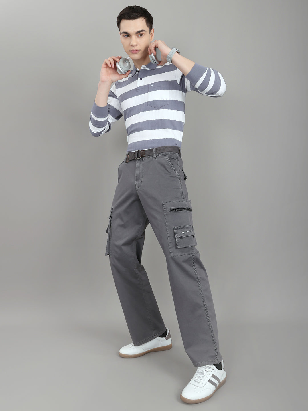 Men Grey Stripe Collar Full Sleeve Winter T-Shirt