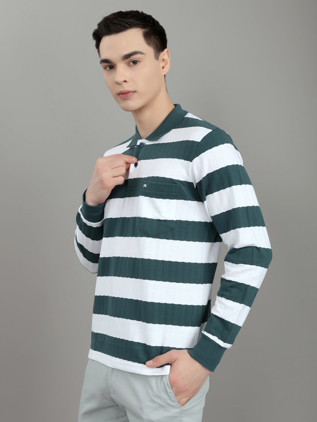 Men Green Stripe Collar Full Sleeve Winter T-Shirt
