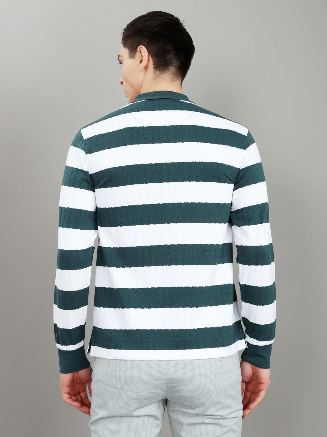 Men Green Stripe Collar Full Sleeve Winter T-Shirt