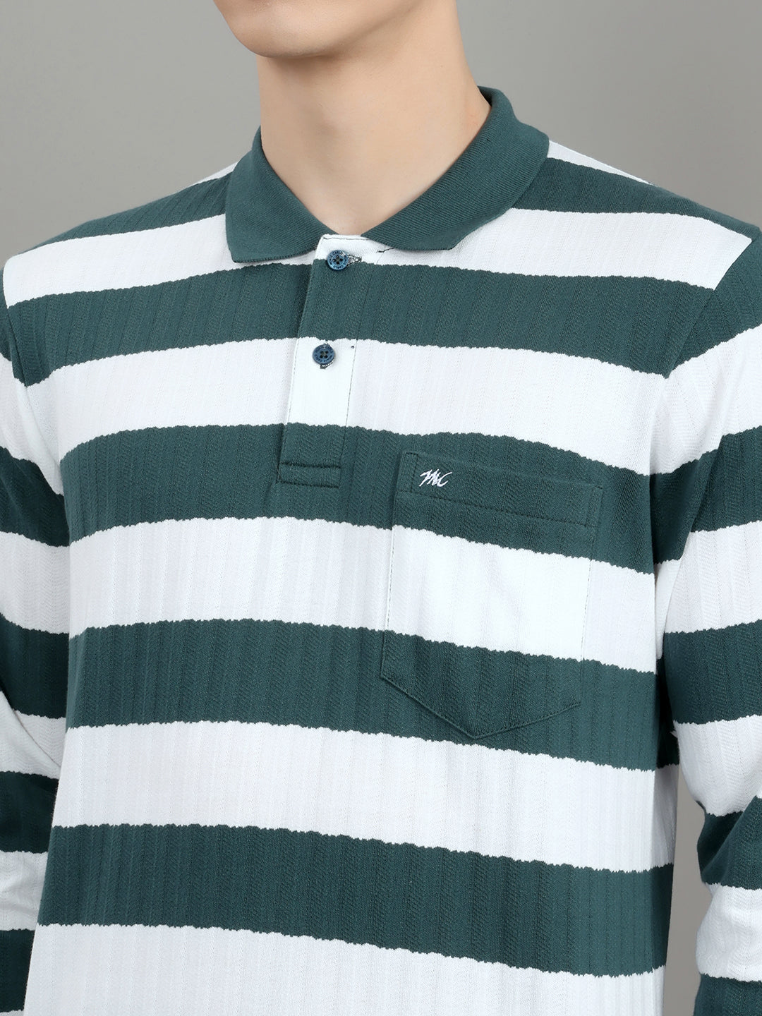 Men Green Stripe Collar Full Sleeve Winter T-Shirt