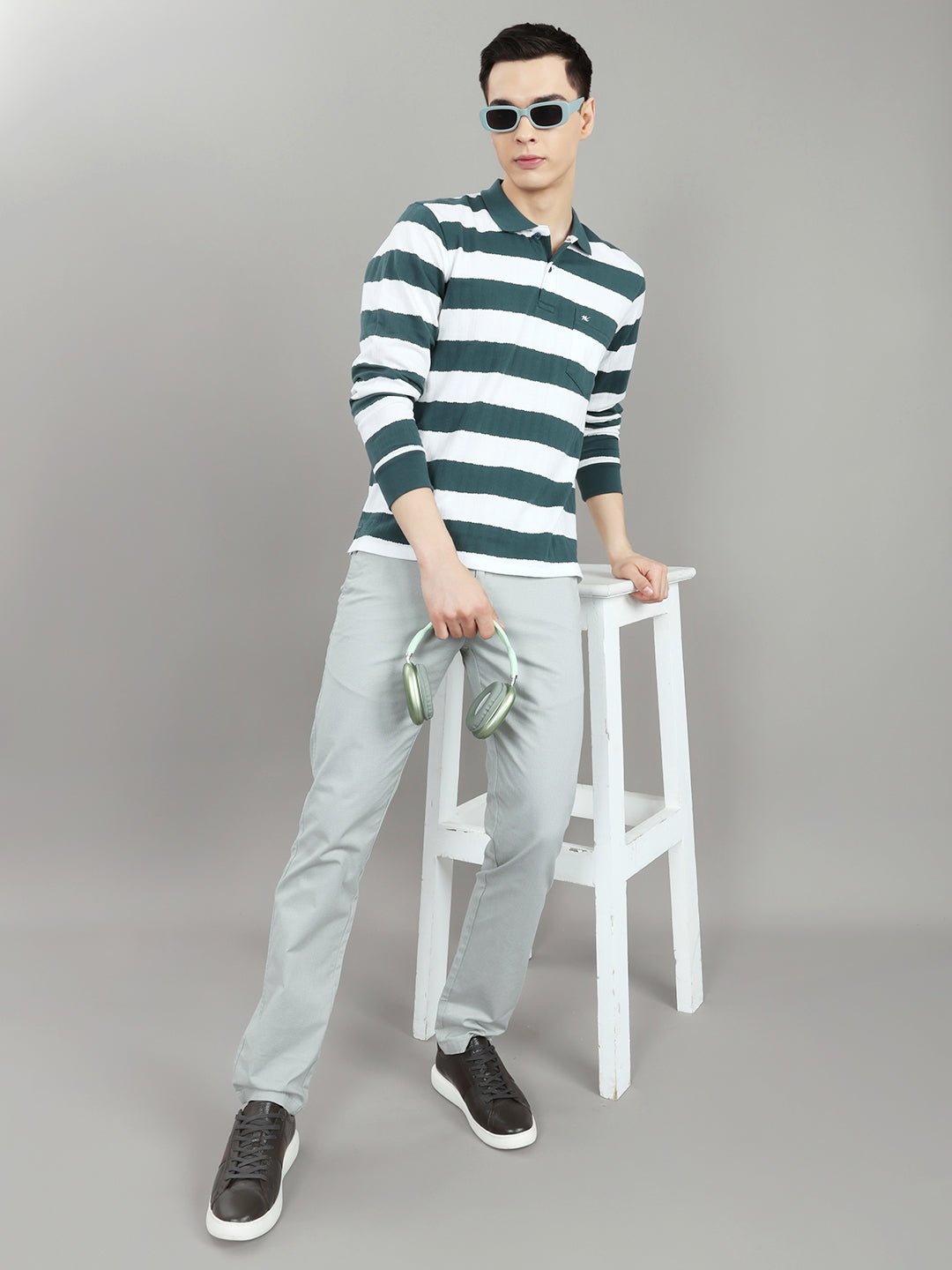 Men Green Stripe Collar Full Sleeve Winter T-Shirt