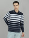 Men Navy Blue Stripe Collar Full Sleeve Winter T-Shirt