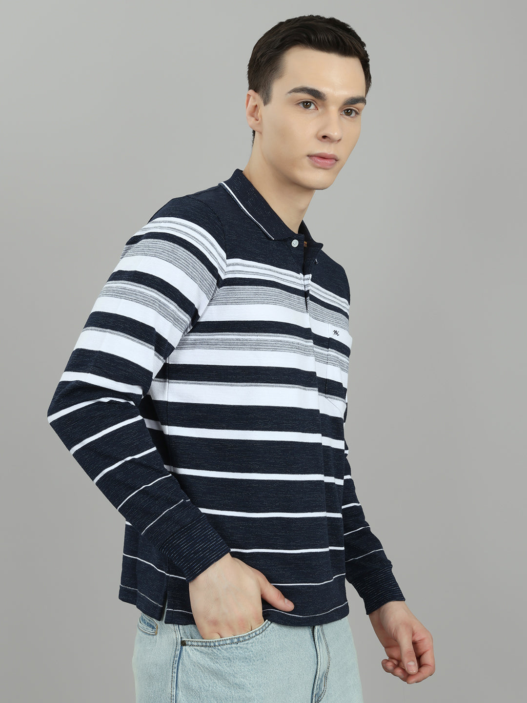 Men Navy Blue Stripe Collar Full Sleeve Winter T-Shirt