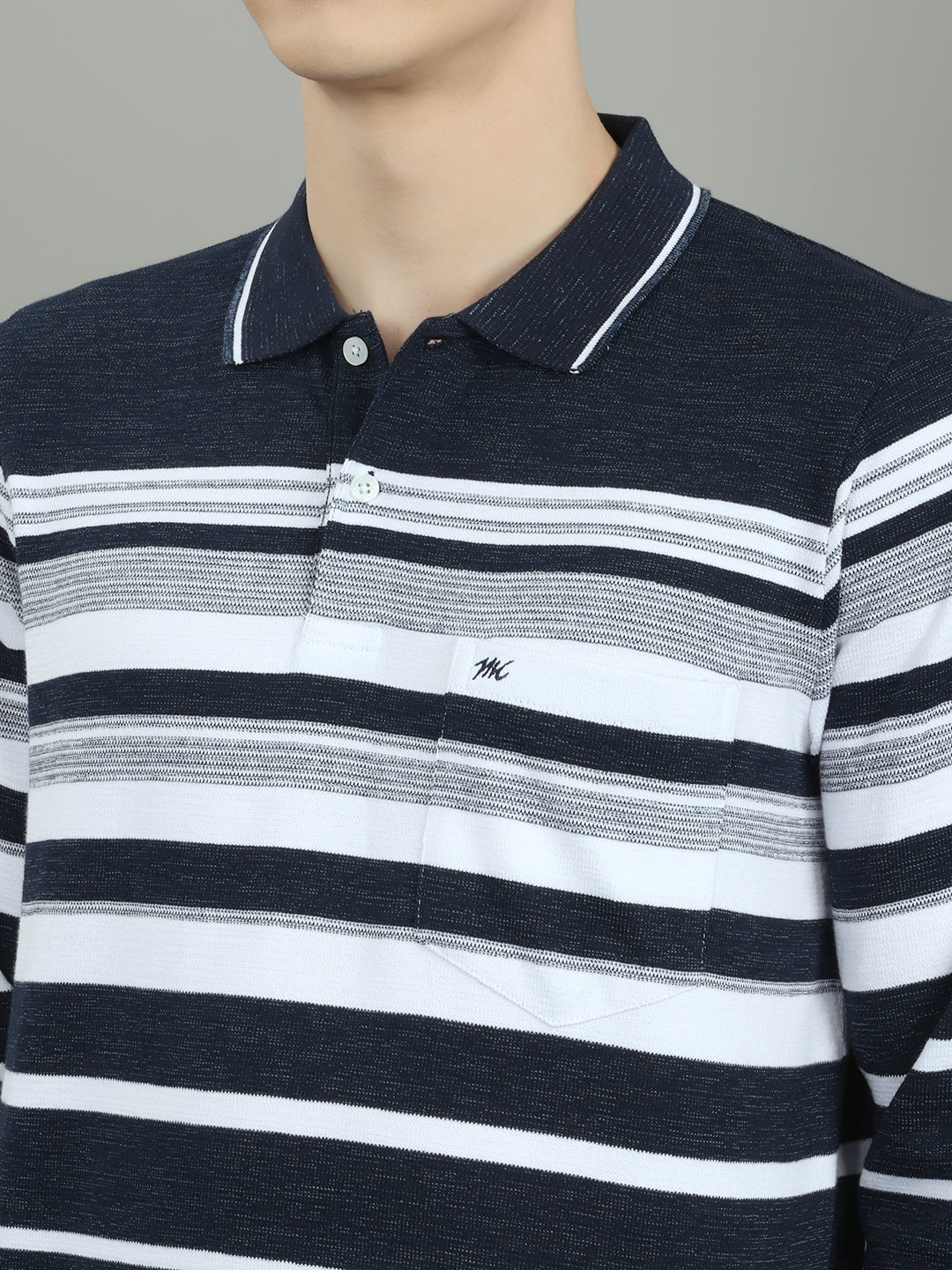 Men Navy Blue Stripe Collar Full Sleeve Winter T-Shirt