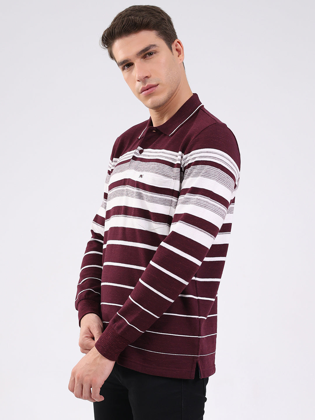 Men Maroon Stripe Collar Full Sleeve Winter T-Shirt