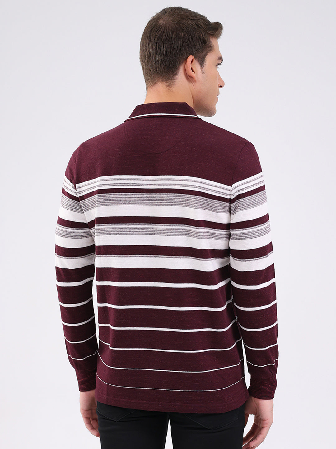 Men Maroon Stripe Collar Full Sleeve Winter T-Shirt