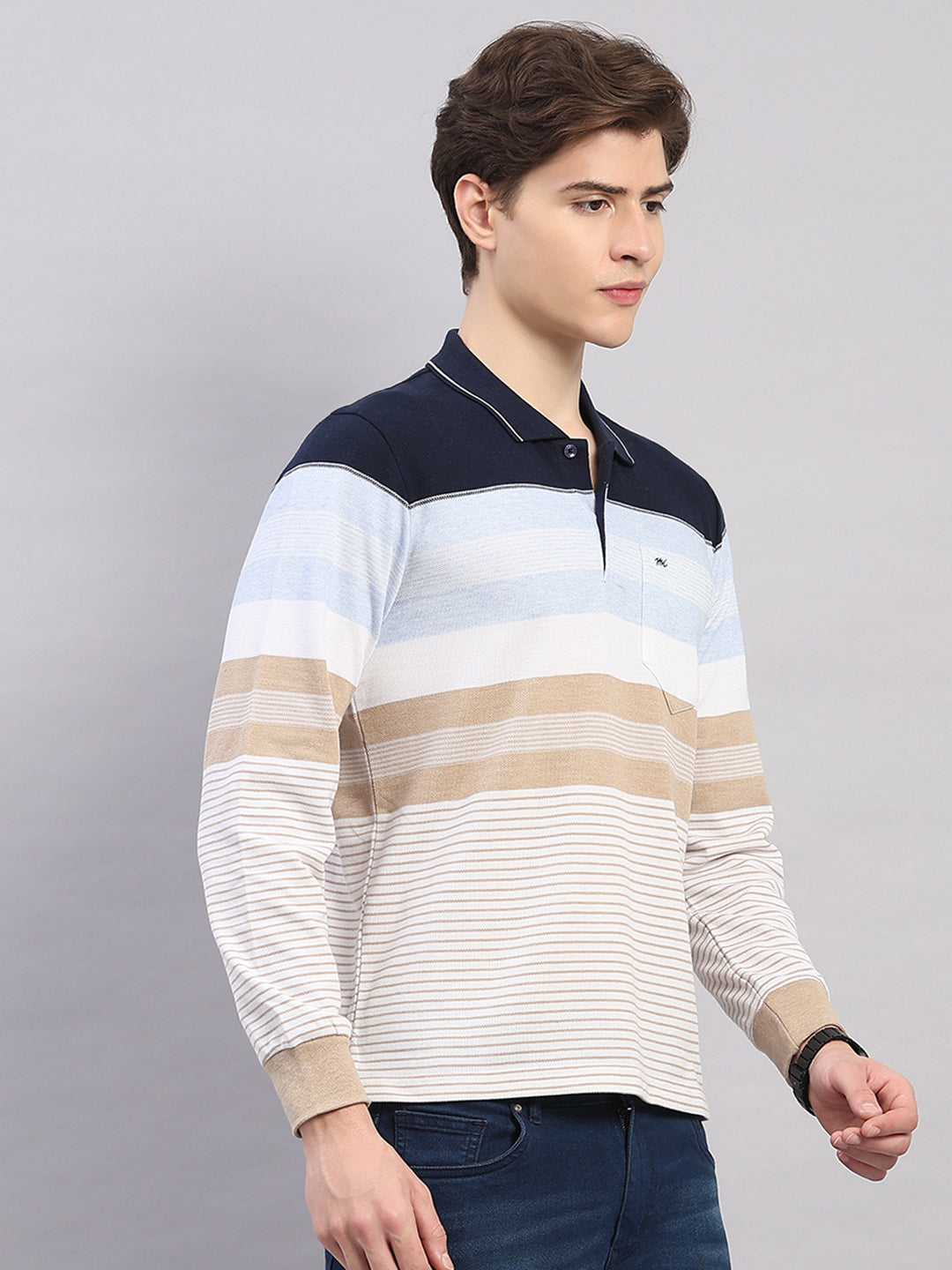 Men Sky Blue Stripe Polo Collar Full Sleeve Winter T-Shirt