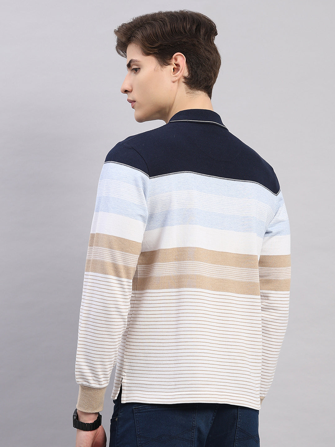 Men Sky Blue Stripe Polo Collar Full Sleeve Winter T-Shirt