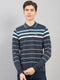 Men Navy Blue Stripe Polo Collar Full Sleeve Winter T-Shirt