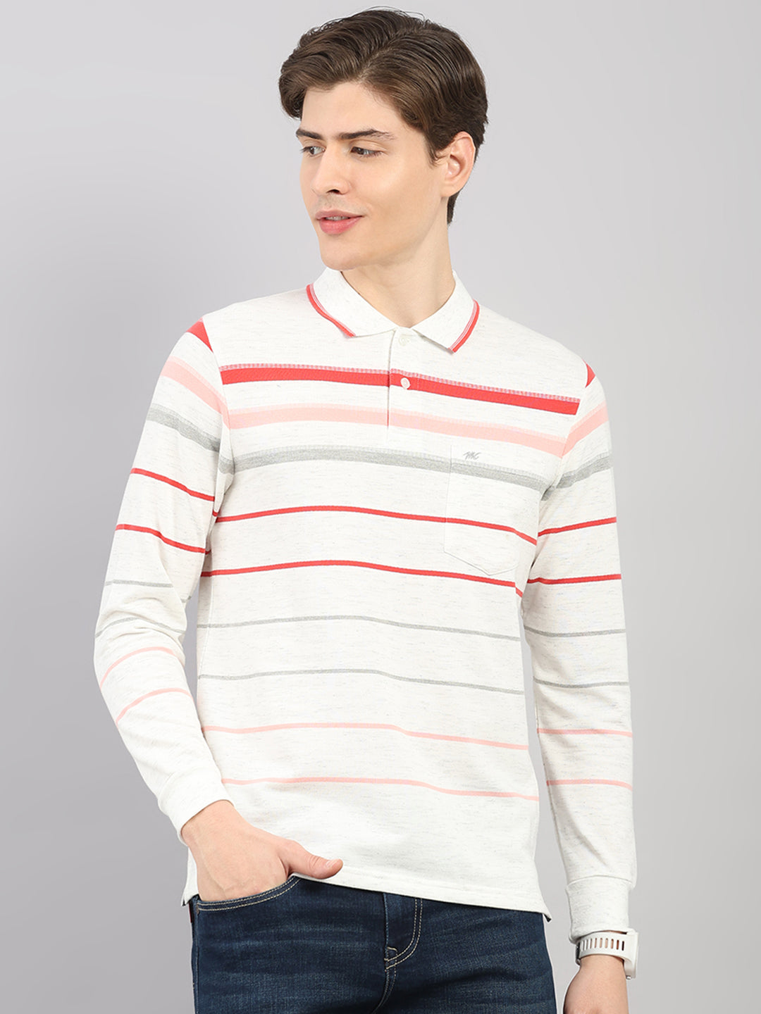 Men White Stripe Polo Collar Full Sleeve Winter T-Shirt