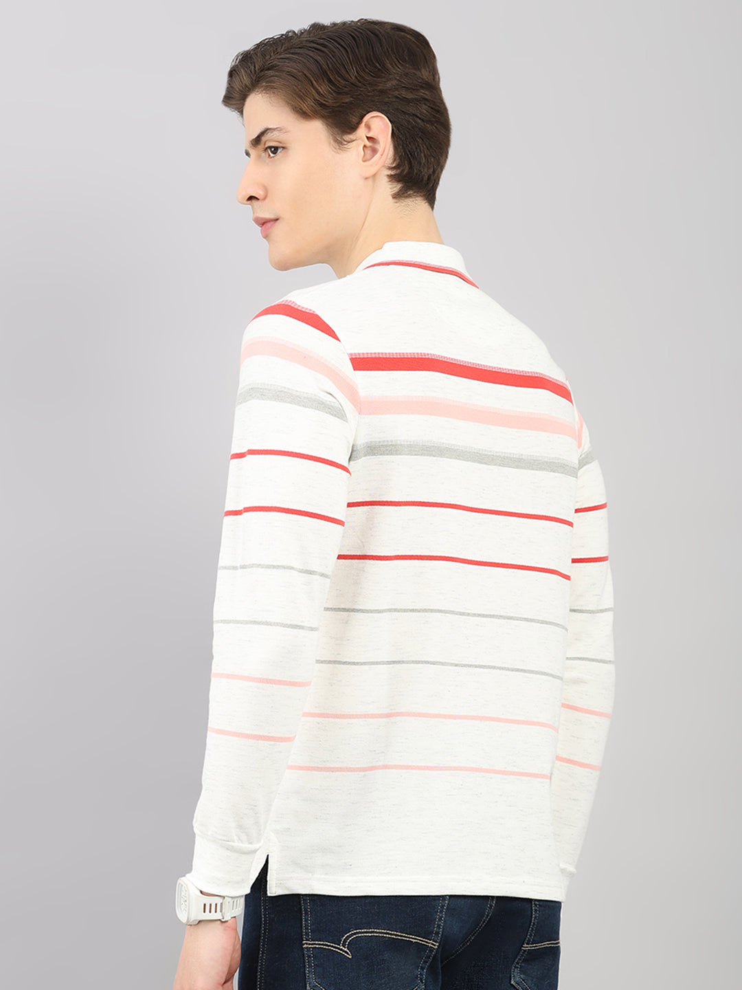 Men White Stripe Polo Collar Full Sleeve Winter T-Shirt
