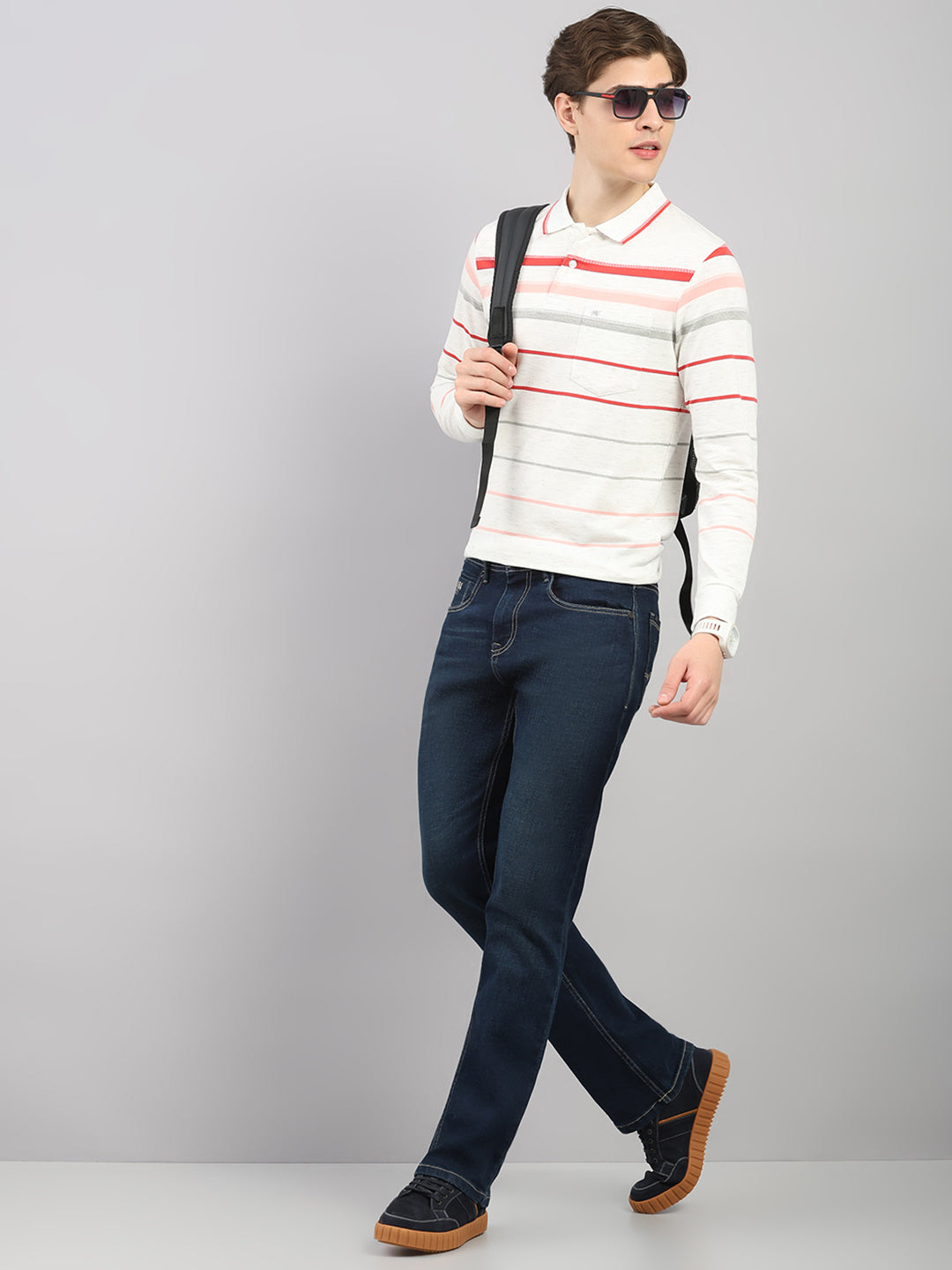 Men White Stripe Polo Collar Full Sleeve Winter T-Shirt