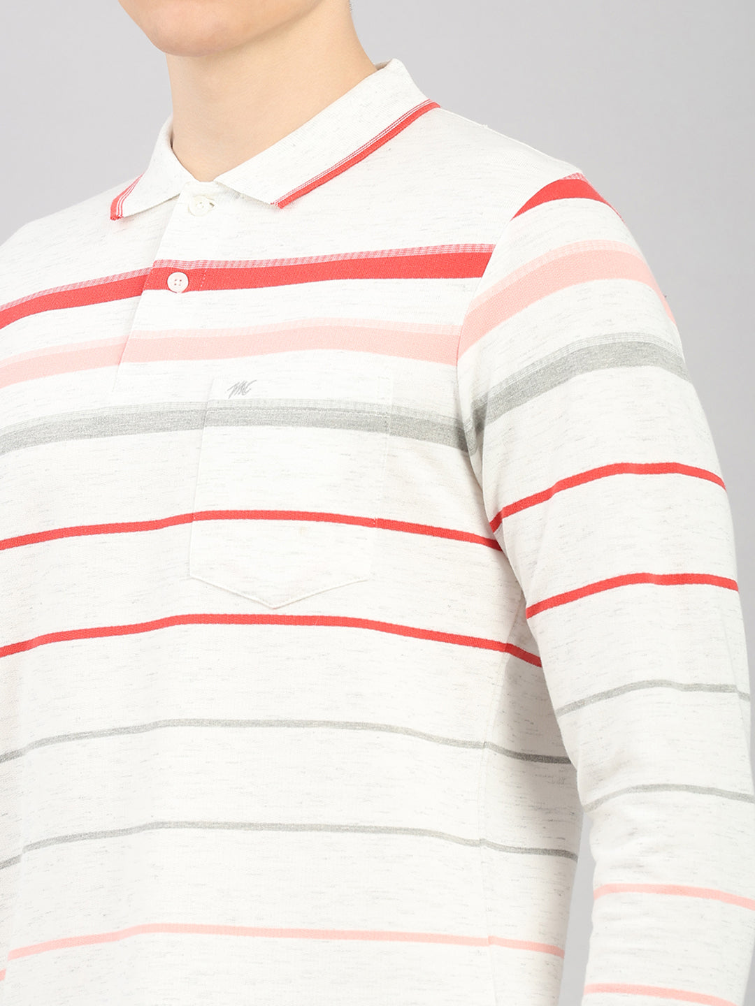 Men White Stripe Polo Collar Full Sleeve Winter T-Shirt