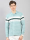 Men Green Stripe Polo Collar Full Sleeve Winter T-Shirt