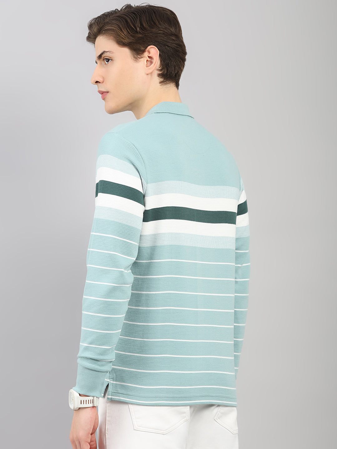 Men Green Stripe Polo Collar Full Sleeve Winter T-Shirt