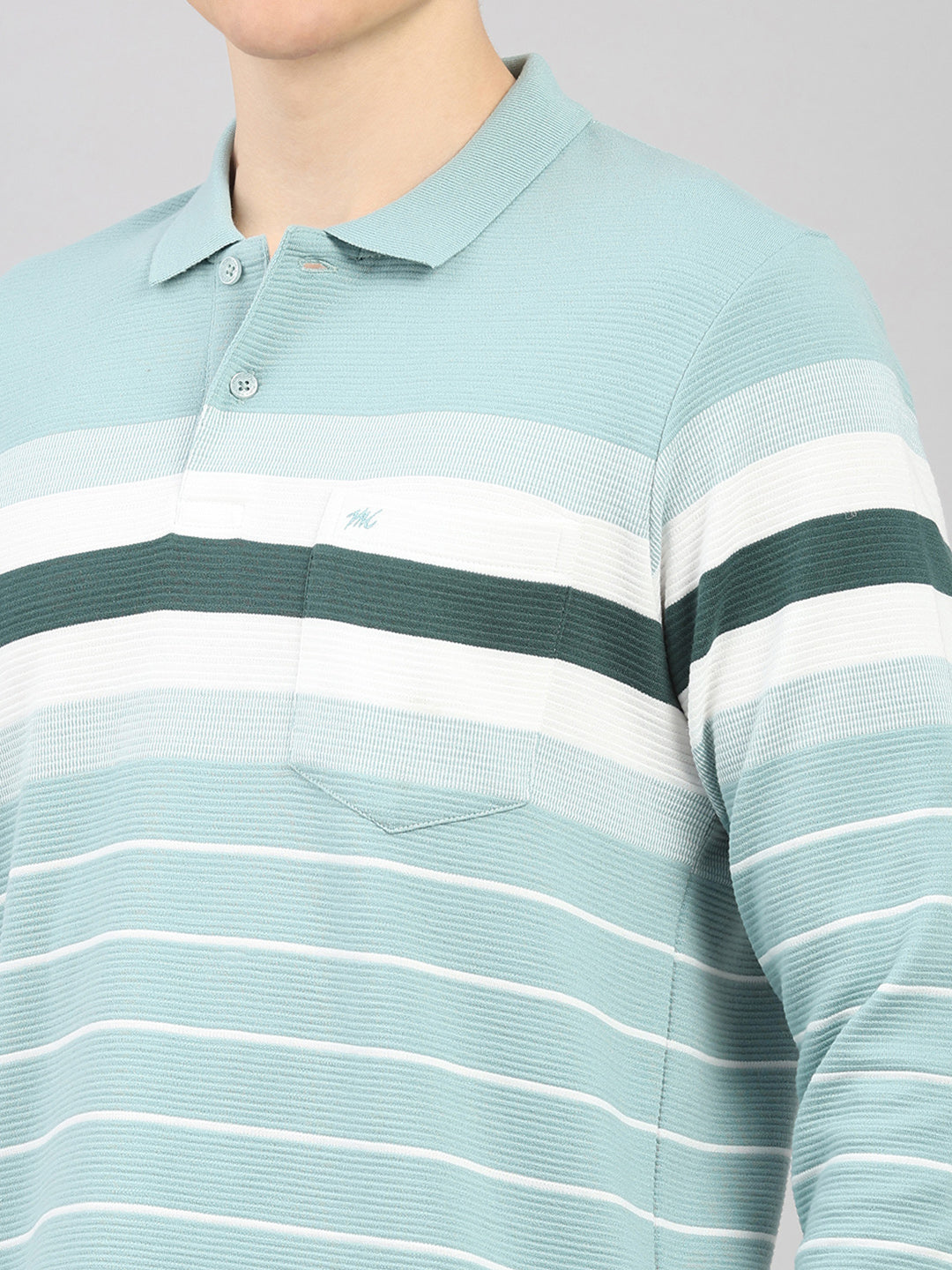 Men Green Stripe Polo Collar Full Sleeve Winter T-Shirt