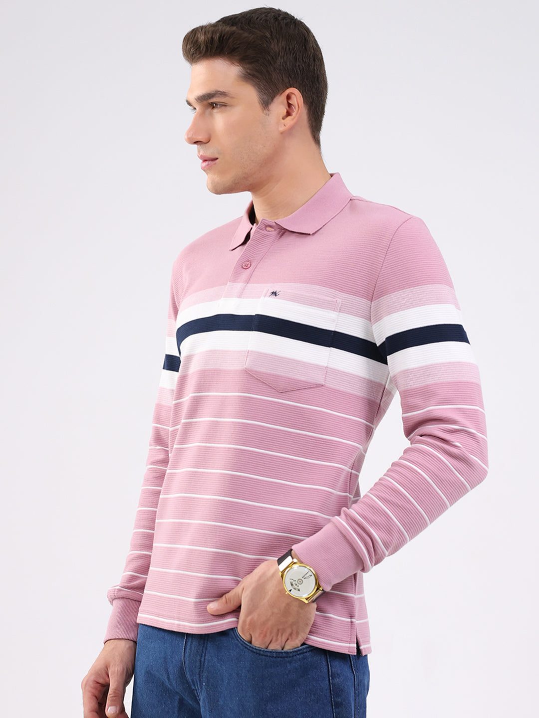 Men Pink Stripe Collar Full Sleeve Winter T-Shirt