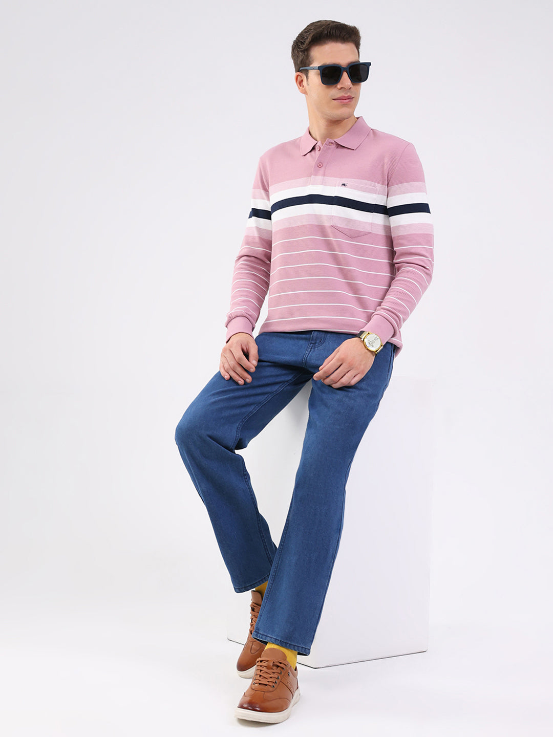 Men Pink Stripe Collar Full Sleeve Winter T-Shirt