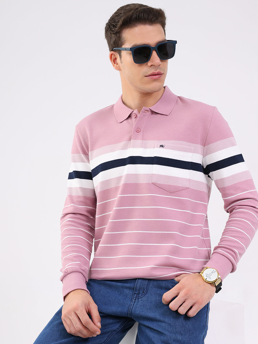 Men Pink Stripe Collar Full Sleeve Winter T-Shirt