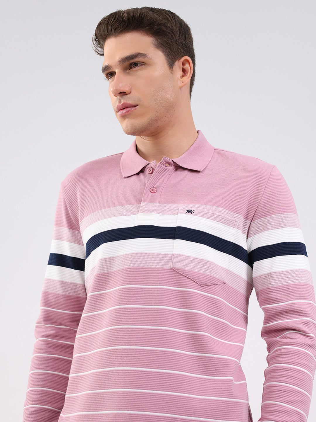 Men Pink Stripe Collar Full Sleeve Winter T-Shirt
